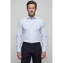 Bisse Regular Fit Alttan Britli Yaka Yazlık Çizgili Pamuk Mavi Erkek Gömlek Gm23k232075 D35