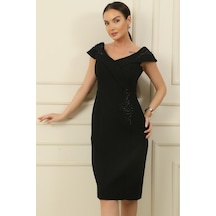 By Saygı Madonna Yaka Aplikli Astarlı Krep Elbise-35916-siyah