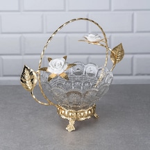 Zeyve Porselen Güllü Kristal Cam Sepet Şekerlik - Lüks Sunumluk 21x23x14 Cm Altın - Şeffaf