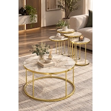 Sulorahome Efes Beyaz Mermer Desenli Gold Metal Ayaklı 4'lü Sehpa Seti Tablalar Beyaz Mermer / Ayaklar Gold