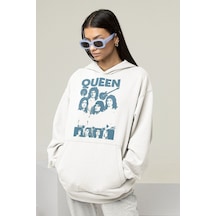 Queen Müzik Grubu Baskılı Unisex Oversize Hoodie Beyaz