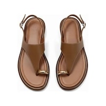 Ne&ve Shoes Taba Hakiki Deri Aksesuar Detaylı Parmak Arası Kadın Arkadan Tokalı Sandalet