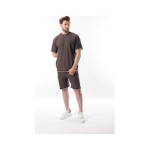 Madmext Kahverengi Nakış Detaylı Erkek Şort T-shirt Takım E7305
