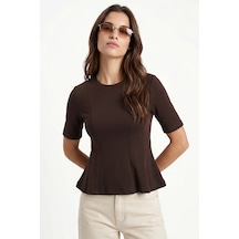 Ritnice Kadın Ella Kahverengi Peplum Bluz Kahverengi