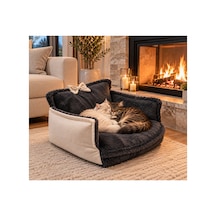 Peluş Fiyonklu Kedi Ve Köpek Koltuğu Tamamen Fermuarlı Çıkarılabilir İç Minder Boncuk Elyaf Kaydırmaz Taban Kedi Ve Köpek Yatağı Antrasit Peluş Beyaz - 939595052
