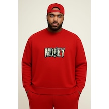 Benroma 3 İplik Penye Money Baskılı Büyük Beden Unisex Sweatshırt Kırmızı