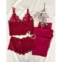 Mh Moony Homewears 3'lü Velvet Bordo Dantel Üst Saten Alt Pijama Takımı Bordo