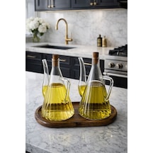 Qerhome Akasya Stantlı Borosilikat Cam Akasya Kapak Glazzy Yağlık Seti 750 Ml + 750 Ml Çizgili Tasarım Şeffaf