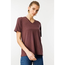 Kadın V Yaka Flamlı Kumaş Basic Tshirt Kahve Kahve