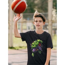 Sevbano Hulk Baskılı Unisex Avengers Film Kahramanı Çocuk Tişört 1-12 Ya Siyah