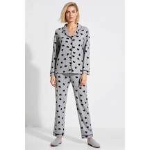 Benerly Kadın Gömlek Yaka Uzun Kol Desenli Pijama Takımı Büyük Beden Fonk gri