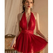 Kadın Boyundan Bağlamalı Derin Dekolte Tül Mini Gecelik/babydoll Kırmızı