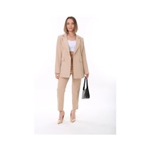 Kadın Düğmeli Blazer Ceket Kemerli Pantolon Dokuma Atlas Kumaş Takım Elbise - Saks Mavi