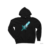 Minecraft Diamond Sword Siyah Fermuarlı Kapşonlu Sweatshirt Siyah