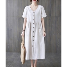 Barbora Keten Günlük Rahat V Yaka Beli Büzgü Detaylı Düğmeli Elbise Ln04ekru1 001
