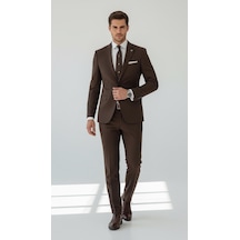 Erkek Slim Fit Mikro Desenli Takım Elbise 2 Düğmeli Çift Yırtmaçlı Modern Ceket Pantolon Takım Kahverengi