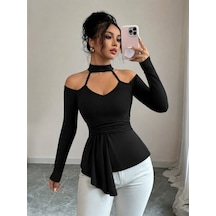 Butik İstanbul Kadın Omuzlardan Açık Yarı Balıkçı Yaka Uzun Kollu V Yakalı Onu Pileli Viskon Bluz Siyah