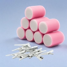 Croc 1207 Pembe Cırtlı Sünger Bigudi 8li Çap 4cm + 12li Alüminyum Saç Pensi Açık Mavi