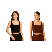 İngegno Body Kadın Geniş Yaka Sıfır Kol Crop %95 Viskon Örme Ring Kumaş 2 Li Paket Kahverengi - Siyah