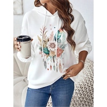 Startmore Coke Serisi Floral & Feather Print Drop Shoulder Drawstring Hoodie Beyaz