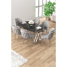 Canisa Zae Serisi 90x168 Lak Panel Siyah Mermer Desen Masa Takımı Krom Ayaklı 6 Gri Sandalye Masa Siyah Mermer Desen Sandalye Gri