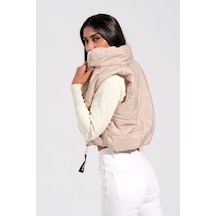 Keyifli Moda Kadın Bej Sırtı Taş İşlemeli Dik Yaka Kısa Şişme Yelek-bej Bej