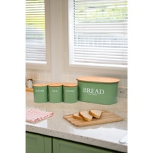 Ahşap Kapaklı Metal Ekmeklik, Çay, Kahve, Şeker 4'lü Set / Yeşil Yeşil