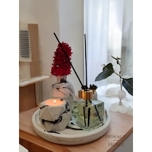Mermer Desenli Mum Ve Vazo Seti - Vazo+oda Kokusu+tealight Mumluk Ve Mum+kibritlik+yuvarlak Tepsili Beyaz - Siyah