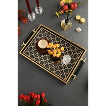 Dijital Baskılı Cam Servis Tepsisi Selçuklu Desenli, Metal Kulplu 46x28 Cm Siyah