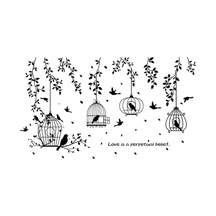 Novahub Siyah Kuş Kafesi Yaprakları Siluet Duvar Dekoru Etiket Oturma Odası Yatak Odası Çıkartması Siyah Siyah