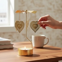 Dönen Işıklı Kalpli Metal Tealight Mumluk Love Tasarımlı Dekoratif Rüzgar Gülü Gold