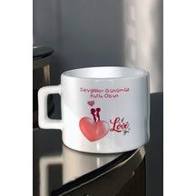 Sevgililer Gününe Özel Sevgiliye Hediye Pembe Kalp Üstünde Çift Baskılı Çay-Kahve Fincanı