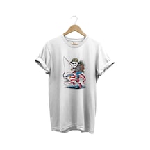 Fishing Balıkçılık Pirana Ve İskelet Tasarım Baskılı %100 Pamuk Regular Fit T-shirt Beyaz
