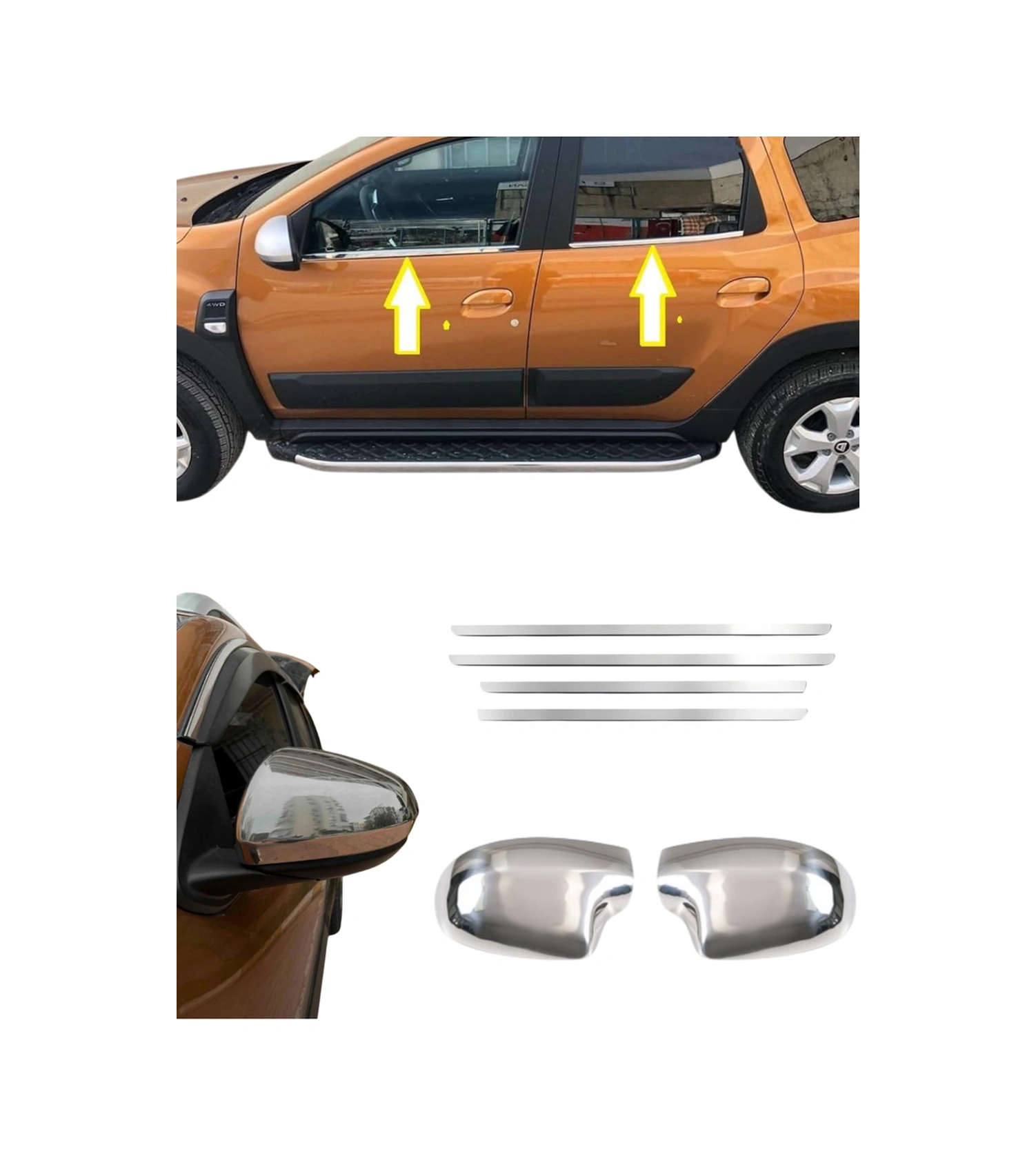 Daica Duster 2018+ Araca Özel Krom Cam Çıtası + Ayna Kapağı 2'li Set Paslanmaz Çelik