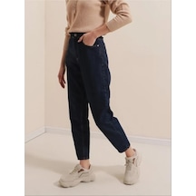 Likralı Denim Kumaş Kar Lacivert Mom Jeans Lacivert