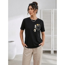 Kadın Sevimli Kedi Cep Baskılı Tişört Kısa Kol Yazlık T-shirt - Siyah Çok Renkli