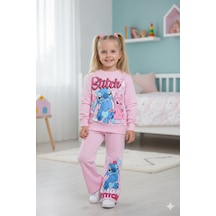 Cg Kids Stitch İspanyol Paça Baskı Detay 2 İplik Kız Çocuk Alt Üst Eşofman Takım Süper Kalite Pembe