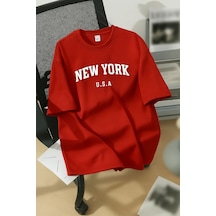 New York U.s.a. Baskılı Unisex Tişört Kirmizi