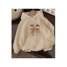 Herkesemoda Kurdele Baskı Detaylı İçi Polarlı Kapüşonlu Sweatshirt Bej