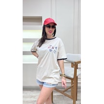 Uncool Bej Gövde Lacivert Biyeli T-shirt - Oversize Bisiklet Yaka Kısa Kol Tişört Bej-lacivert-192150