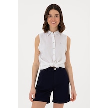U.S. Polo Assn. Kadın Beyaz Keten Karışımlı Kısa Kollu Gömlek 50298111-VR013