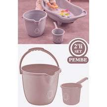 Flosoft Bebek Banyo Su Kovası Ve Maşrapası Seti, Saplı Oluklu Kova 13lt Ve Maşrapa 1,5lt 2 Li Set Pembe