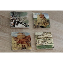 Pieter Brueghel Babil Kulesi Ve Eserleri Doğal Taş Bardak Altlığı 4'lü Set - Natural Stone Coasters - Taş Çok Renkli