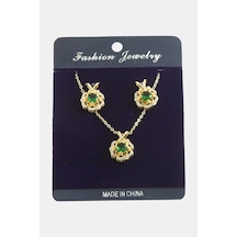 Gül - 415 - Zirkon Taşlı Set - Kmrsfres - Kolye Yeşil