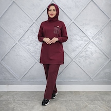 Esra Butik78 Bordo Taş Detaylı Tesettür Tunik Pantolon İkili Takım Günlük Spor Şık Kombin