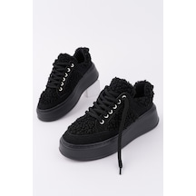 Muggo Fleecy Kalın Taban Bağcıklı Peluş Detaylı Kadın Kışlık Sneaker Spor Ayakkabı Siyah