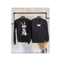 Tarzsokak Siyah Oversize Tavşan Ön Arka Baskılı Kapşonsuz 0 Yaka Pamuklu Unisex Sweatshirt
