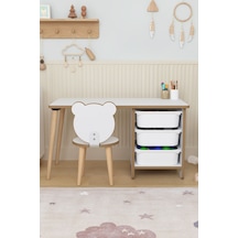 Çocuk Oyun Aktivite Masası 90x45 Cm 3 Sepetli Çocuk Çalışma Masası Arkalıklı Sandalye - Panda Çok Renkli