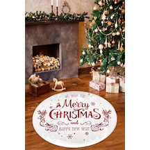 Yeni Yıl Temalı Merry Christmas Yazılı Dijital Baskılı Yıkanabilir Kaymaz Yuvarlak Halı Beyaz