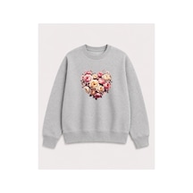 Herkesemoda Kalp Ve Güller Baskı Detaylı Bisiklet Yaka Şardonlu 2 İplik Sweatshirt Gri